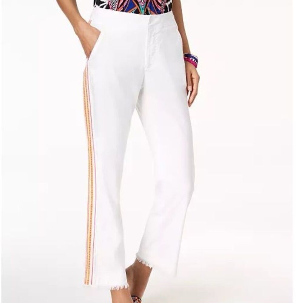 Trina Turk X INC Women's Embroidered Frayed Hem Linen Blend Pants White Size 8